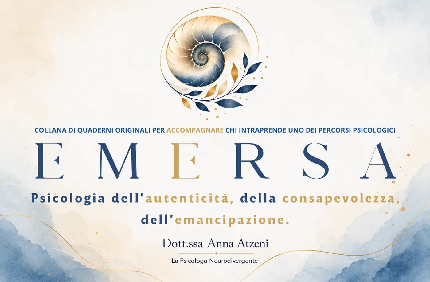 Copertina della collana Emersa: una conchiglia nautilus dipinta ad acquerello nei toni del blu e dell'oro, con il titolo Emersa e il sottotitolo psicologia dell'autenticità, della consapevolezza, dell'emancipazione